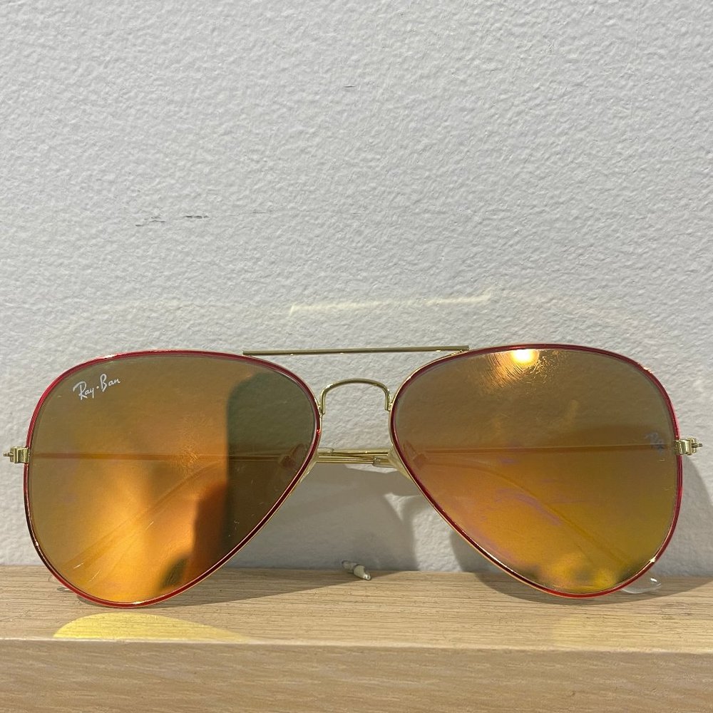 Ray-Ban Aviator Sunglasses - Gold / Light Blue Gradient - Red Trimming